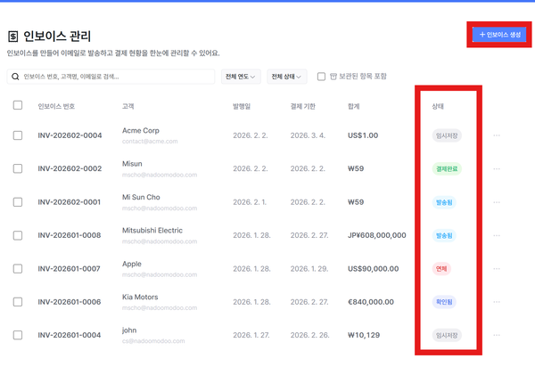 해외 바이어를 위한 인보이스 생성 및 발송 관리 서비스